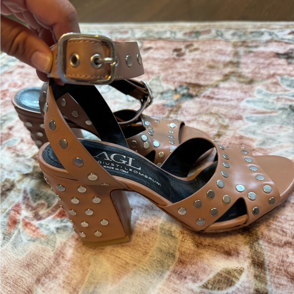 AGL Tan Heeled Sandals with Silver Studs